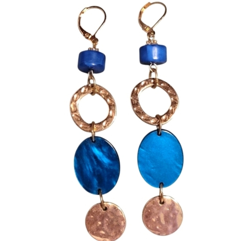 Gold and Blue 3.5 Inch Lightweight Dangly Circle Earrings With Clasp Backing